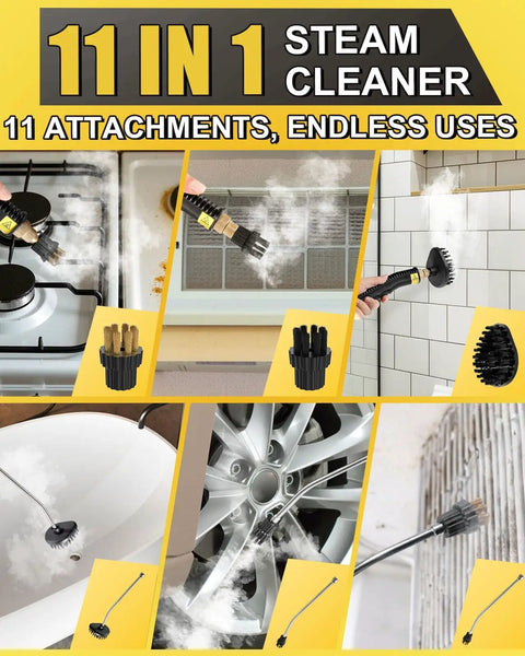 Get That Shine Heavy Duty Handheld Steam Cleaner 1500W With 1.2L Tank showing 11 attachments for various cleaning uses.