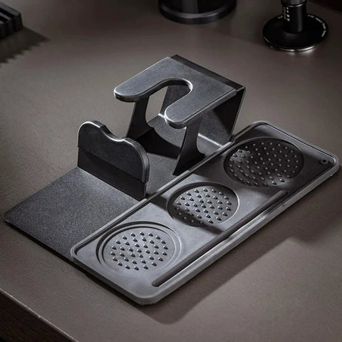 Ultimate Game Changer Espresso Kit, 5 Piece Coffee Tamper Station with spring loaded press, black tamping mat and holder.