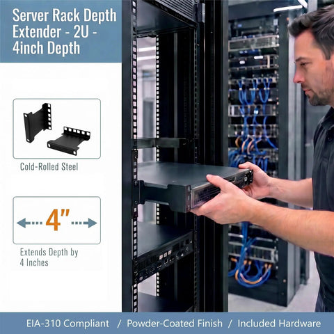 Heavy Duty 2U Server Rack Depth Extender Kit Rock Solid 4 Inch Deep Recess Mount Adapter installed in rack with hardware.