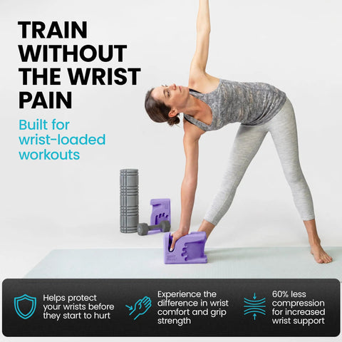 High Density Yoga Blocks Pair Ergonomic Wrist Support Hand Shaped Non Slip Surface showcased in use for wrist-loaded workouts.
