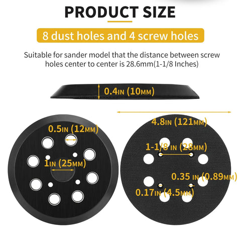 5 Inch 8 Hole Hook And Loop Replacement Sander Pads For Ryobi And Ridgid Random Orbital Sanders dimensions and hole layout.