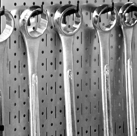 Slotted Tool Board Workstation Accessory Kit For Pegboard Black Secure Hook Engagement with hanging wrenches
