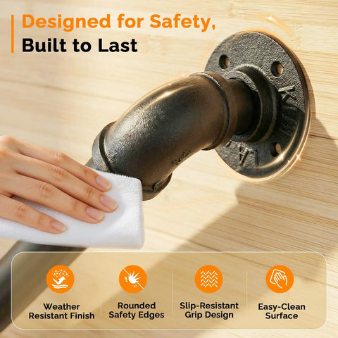 Rock Solid 3 Foot Adjustable Pipe Handrail For Indoor Outdoor Stairs Heavy Duty Wall Mounted Metal Safety Grab Bar Supporting 440 Lbs with weather resistant finish and rounded safety edges.