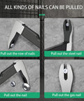 Collage showcasing features of 11.8 Inch Cats Paw Nail Puller Crowbar for home remodeling and woodworking, pulling various nails.
