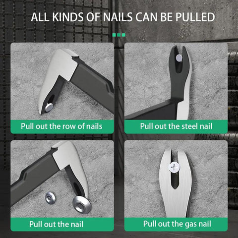 Collage showcasing features of 11.8 Inch Cats Paw Nail Puller Crowbar for home remodeling and woodworking, pulling various nails.