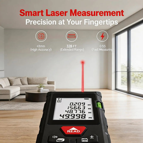 Laser Distance Meter 50m/164ft displaying measurement data with laser beam in a home setting, ideal for DIY projects.