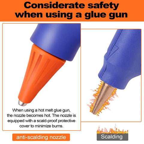 Close-up of anti-scalding nozzle on Five Color Mini Hot Glue Gun Kit With Storage Box, 10 Pack With 50 Clear Glue Sticks.