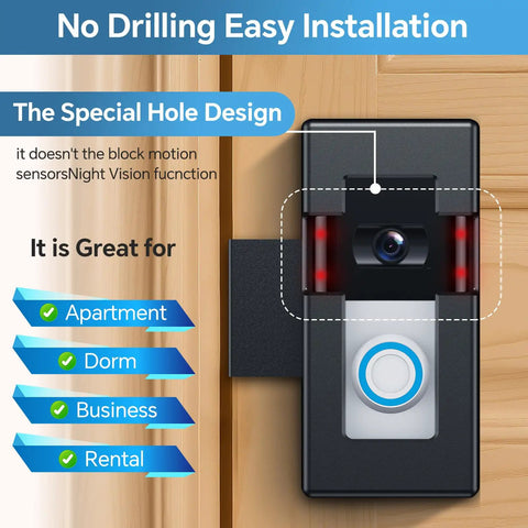 Anti Theft Video Doorbell Mount For Ring And Blink Wireless Doorbells Easy Install No Drill Bracket For Inward Opening Doors Fits 1 2 3 3 Plus 4 And 2023 Release Not Block Motion Sensor For Homes And Apartments Black mounted on inward-opening door