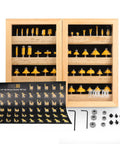 Router Bits Set 50 Piece, One Quarter Inch Shank, Tungsten Carbide Bits For Woodworking displayed in wooden case