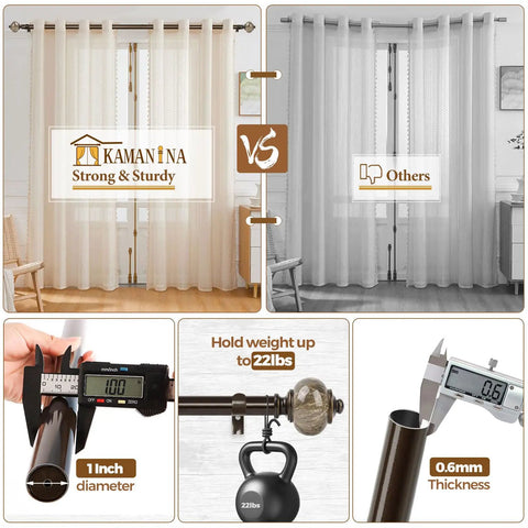 Comparison of one inch curtain rods with bronze finish for windows adjustable from 72 to 144 inches versus other brands.