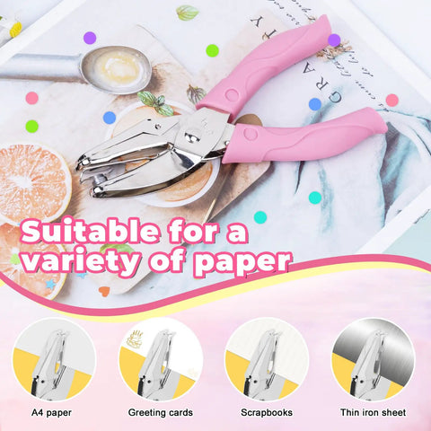 Three Pack Handy Metal Handheld Hole Punch Set For Crafting And Scrapbooks With Soft Grip Handles on colorful paper background