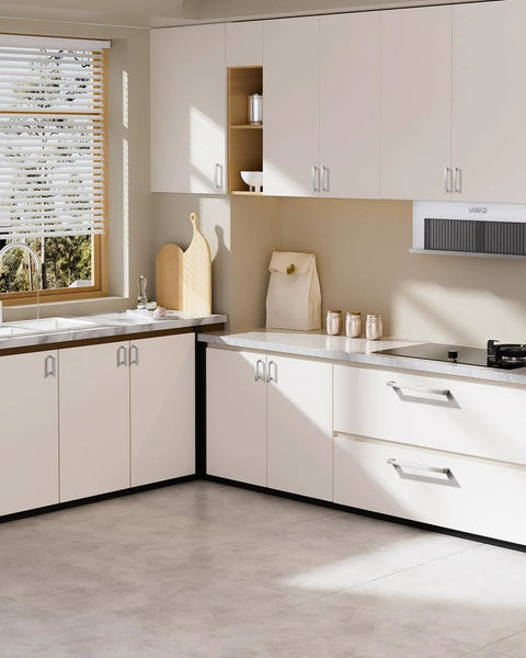 Modern kitchen with Five Inch Stainless Steel Cabinet Handles 10 Pack Brushed Nickel Modern Kitchen Cupboard Pulls on white cabinets.