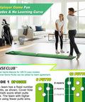Indoor Putting Green Kit With Foldable 8 Foot Mat For Home Office Practice, two people playing golf on portable mat indoors.