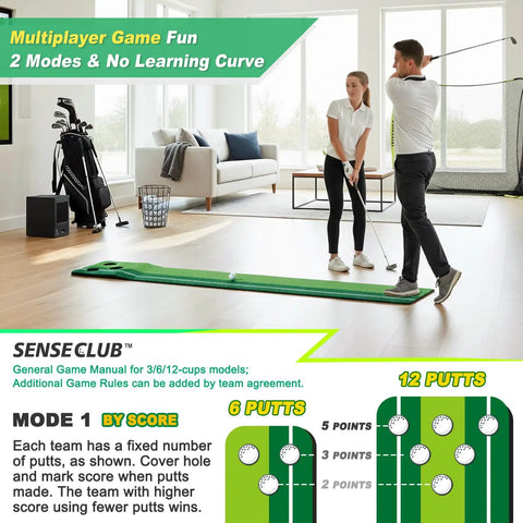 Indoor Putting Green Kit With Foldable 8 Foot Mat For Home Office Practice, two people playing golf on portable mat indoors.