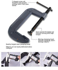 Top Grade 4 Pcs Industrial Strength C Clamps Set With Heavy Duty Steel Construction For Woodworking Carpentry And Welding Projects Including Versatile 3 4 6 And 8 Inch Sizes Perfect For DIY Enthusiasts Building Custom Furniture Or Fixing Home Repairs, close-up of clamp features.