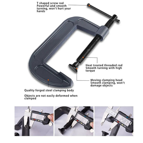 Top Grade 4 Pcs Industrial Strength C Clamps Set With Heavy Duty Steel Construction For Woodworking Carpentry And Welding Projects Including Versatile 3 4 6 And 8 Inch Sizes Perfect For DIY Enthusiasts Building Custom Furniture Or Fixing Home Repairs, close-up of clamp features.