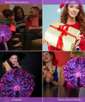 Collage of 8 Inch Plasma Ball Light Lamp With Touch And Sound Sensitivity for room decor, gifts, cosplay, and party fun.