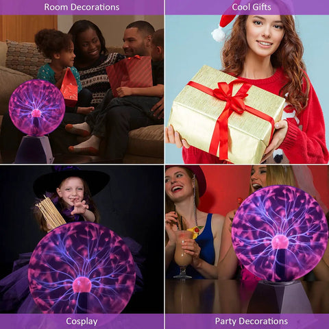 Collage of 8 Inch Plasma Ball Light Lamp With Touch And Sound Sensitivity for room decor, gifts, cosplay, and party fun.