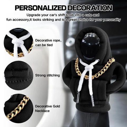 Gear Shift Hoodie Car Accessory With Universal Fit Funny Shift Knob Cover For Automatic And Manual Transmissions Cute Interior Hoodie Year Round Protection Totally A Must Have Gift For Car Lovers, showing decorative gold necklace and strong stitching detail.