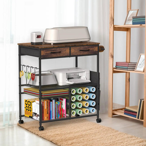 Mobile Craft Cart With 16 Vinyl Roll Holders And Built In Drawers Hooks And Shelves For Cricut Machines Heat Press And Tools
