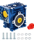 High torque worm gearbox NMRV030 with 80:1 reduction, blue housing, for Nema motors, CNC automation in durable aluminum cast