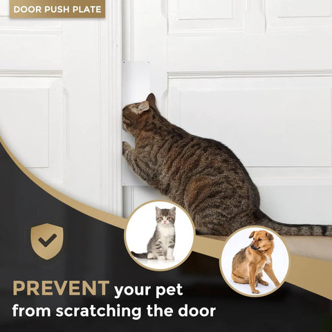 Tough As Nails Door Push Plate With Kickproof Reinforcement And Tight Security Guard For Main Entrance Protection Clean White Finish mounted on door with a cat.