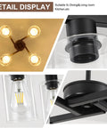 Sleek Modern Black Four Light Farmhouse Chandelier Featuring Crisp Cylindrical Glass Shades Fully Adjustable Height Industrial Pendant Fixture from above with clear glass shades.