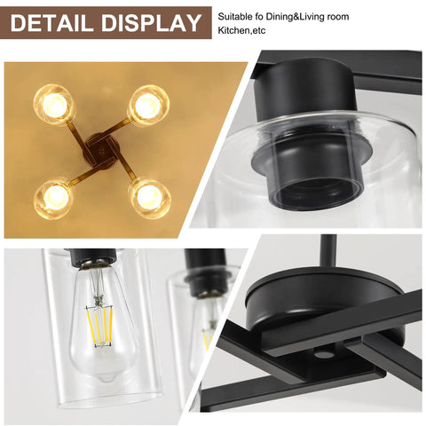 Sleek Modern Black Four Light Farmhouse Chandelier Featuring Crisp Cylindrical Glass Shades Fully Adjustable Height Industrial Pendant Fixture from above with clear glass shades.