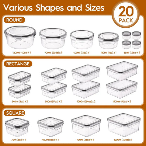 Various shapes of 40 Piece Airtight Food Storage Container Set With Lids, clear BPA Free PVC Free plastic, round, rectangle, square