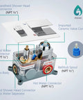 Diagram of Dope 12 Inch Rainfall Shower Tub Faucet Set With 2 In 1 Handheld Sprayer, showing components and connectors in polished chrome.