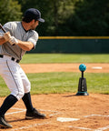 Baseball Batting Trainer Machine With Sturdy Metal Frame For All Skill Levels Adult Hitting Aid For Home Practice Interactive Drills Realistic Balls Pro Grade Durable Backyard Training Gear, man practicing with blue ball