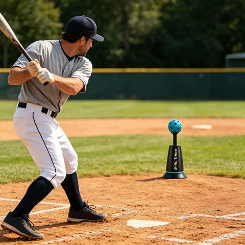 Baseball Batting Trainer Machine With Sturdy Metal Frame For All Skill Levels Adult Hitting Aid For Home Practice Interactive Drills Realistic Balls Pro Grade Durable Backyard Training Gear, man practicing with blue ball