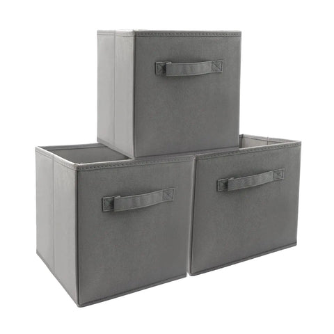 Three Pack Cube Storage Bins 9.0x7.5x7.5 Inches Foldable Fabric Closet Organizer Collapsible Toy Bins Gray with Handles