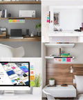 4 images showing a 3 Pack Monitor Memo Board Set For Computer Monitors, Clear Acrylic Sticky Note Holders in various desk setups.