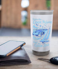 Road Trip Vibes Stainless Steel Insulated Tumbler With Open Highway Car And Open Sea Sail Design on table with lid