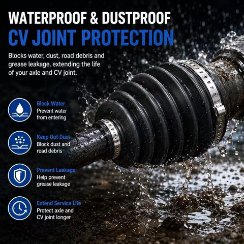 Two Piece Universal CV Boot Kit With Four Stainless Steel Clamps shown protecting CV joint from water and dust