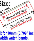 Diagram showing 18mm Watch Spring Bar with 1.5mm diameter and 20mm stretched length for 18mm bands in Replacement Kit.