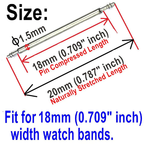 Diagram showing 18mm Watch Spring Bar with 1.5mm diameter and 20mm stretched length for 18mm bands in Replacement Kit.