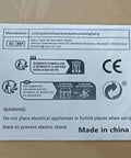 Product label with safety instructions and manufacturer details in multiple languages. Made in China.