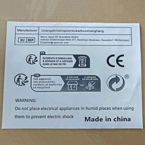 Label with manufacturer information, recycling icons, and safety warning for electrical appliances, made in China.