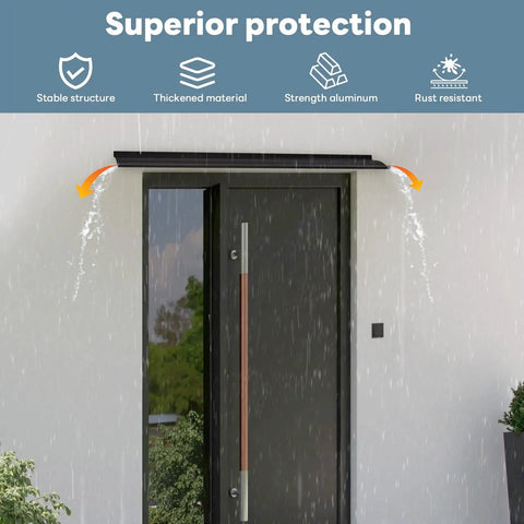 Keep Your Doors Bone Dry With This Badass Heavy Duty Aluminum Rain Drip Guard Featuring A Thickened 40 Inch Black Design preventing rain at a door.