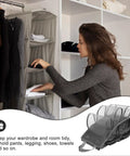 Heavy Duty Hanging Closet Organizer And Dual Purpose Door Panel Rack For Leggings Pants Towels And Sneakers With Secure Fabric Hooks in use.