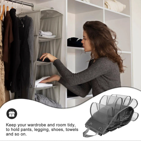 Heavy Duty Hanging Closet Organizer And Dual Purpose Door Panel Rack For Leggings Pants Towels And Sneakers With Secure Fabric Hooks in use.