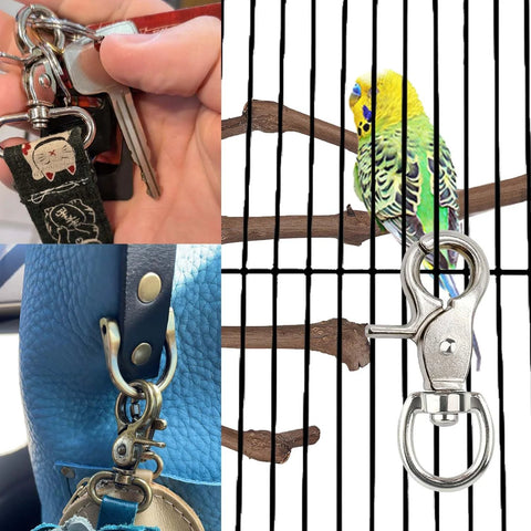 Allazone 30-piece lobster clasp trigger snap hooks in silver metal with 360° swivel; shown on keys and bag hardware