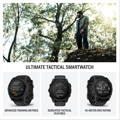 51mm Solar-Powered Tactical GPS Smartwatch With Titanium Bezel And Sapphire Lens displayed with tactical features in nature.