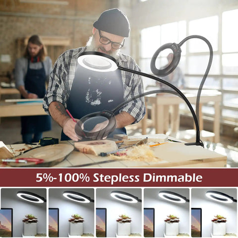 Man using 8X Magnifying Glass With Light Floor Lamp For DIYers 24 Inch Flexible Gooseneck 5 Color Modes Stepless Dimmable 3 In 1 Lighted Magnifier Hands Free For Close Work Crafting Pro Grade Tool in workshop with woodwork.