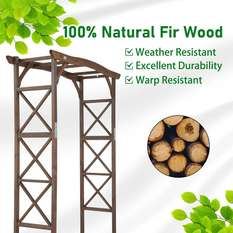 Sturdy 6.6Ft Wooden Garden Arbor Wedding Arch Backdrop Stand for Ceremony, shown with natural wood and durability features.