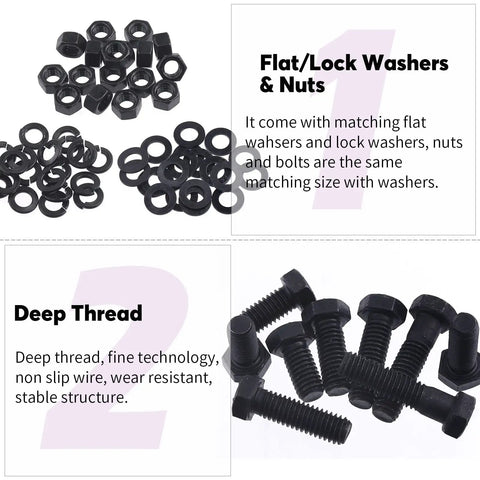 Tough As Nails Heavy Duty Carbon Steel Grade 8 Hex Bolts And Nuts Assortment Kit with flat lock washers, 240 pieces, coarse thread.
