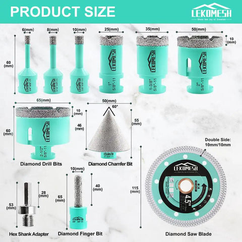 Badass Heavy Duty 11 Piece Tile Hole Saw Kit For 6 To 65 MM Holes Includes 4.5 Inch Diamond Cutting Disc Wheel, tool sizes displayed.