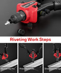 3 In 1 Do It All Rivet Nut Tool Kit For Quick Fixes showing riveting steps with hand rivet gun, nut tool, and reamer.